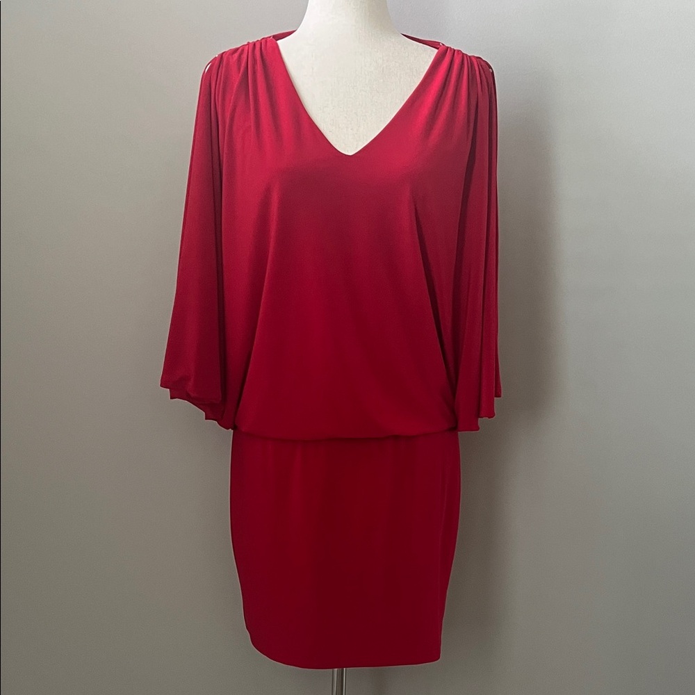 Cache Y2K Red V-Neck Drapped Dress Rhinestone Studded Batwing Cold Shoulder- Med